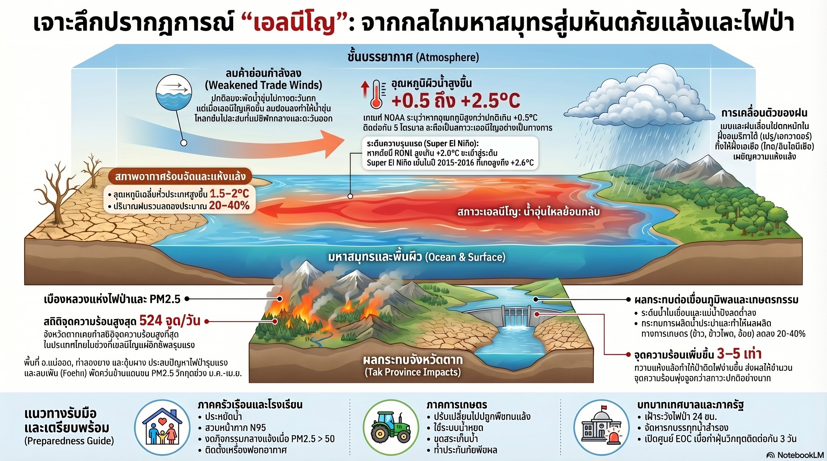 เจาะลึกปรากฏการณ์เอลนีโญ: จากกลไกมหาสมุทรสู่มหันตภัยแล้งและไฟป่า — Infographic สำหรับเทศบาลเมืองตาก