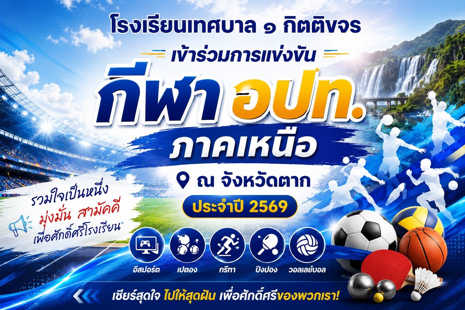 ร่วมส่งแรงเชียร์และเป็นกำลังใจให้กับทัพนักกีฬาโรงเรียนเทศบาล ๑ กิตติขจร เข้าร่วมการแข่งขันกีฬา อปท. ภาคเหนือ ณ จังหวัดตาก ประจำปี 2569